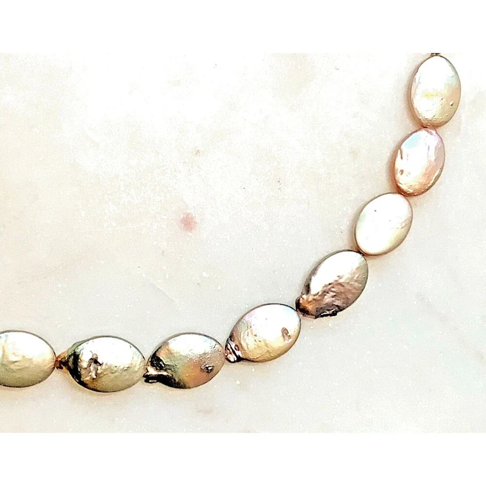 Freshwater Pearl Coin Necklace Pink Gold Green Purple Iridescent Baroque Pearls